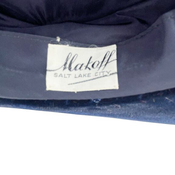 Vintage Makoff Salt Lake City Navy Blue Velvet Hat 22 1/2 Wide Brim Ribbon Bow - Picture 13 of 15